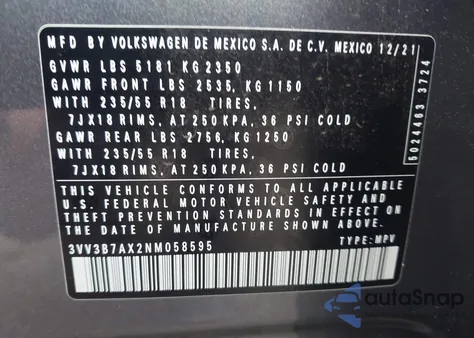 2022 Volkswagen Tiguan 2.0T Se z USA, uszkodzony, nr VIN 3VV3B7AX2NM058595
